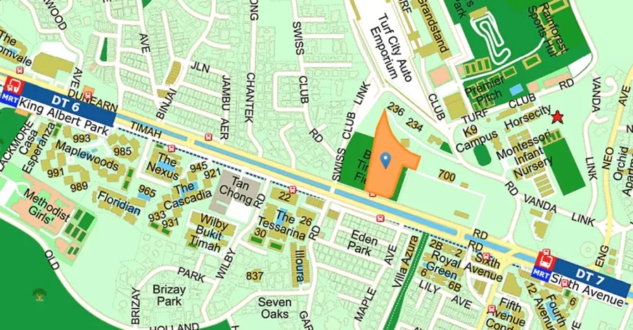 Location map showing The Vanda Green site on Dunearn Road between King Albert Park and Sixth Avenue MRT stations on the Downtown Line